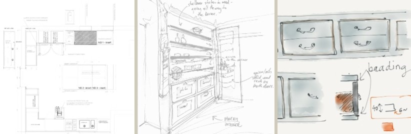 Design sketches for the kitchen: floor plan layout, pantry interior, and drawer beading detail