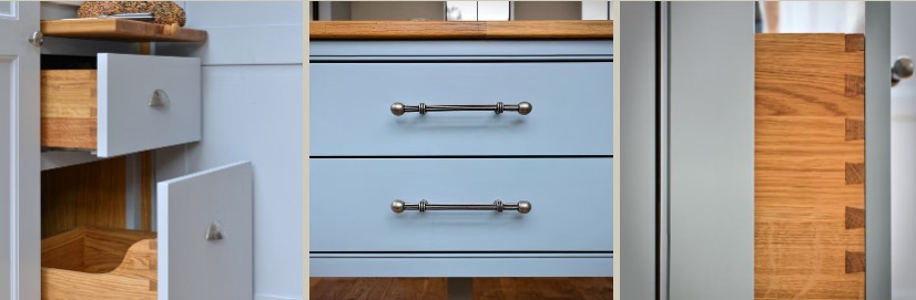 Close-up of dovetailed drawer joinery, a hand-painted blue drawer front, and a dovetailed door edge