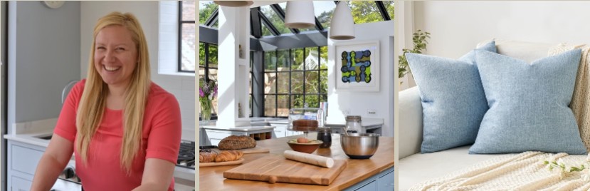 The client in her kitchen, prepping breakfast at the island, alongside soft blue cushions styled in the living room
