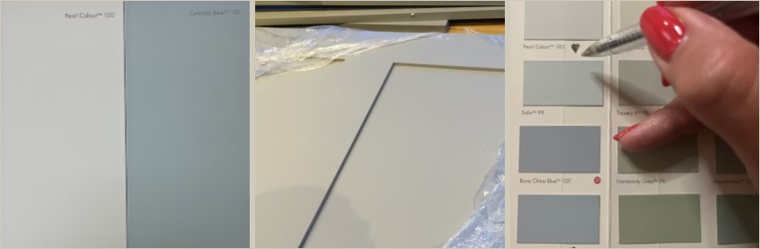 Little Greene heritage paint swatches, including Pearl Colour and Celestial Blue, being selected for the cabinetry