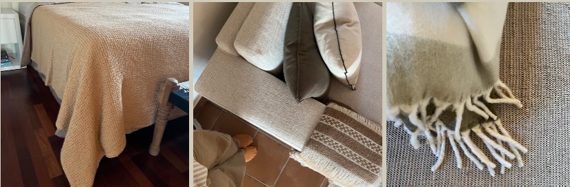 Close-up details of a woven bedspread, layered sofa cushions, and a fringed wool throw