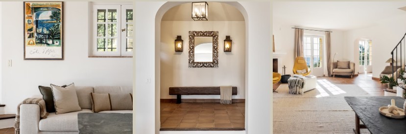 A framed print above a beige sofa, an entryway mirror flanked by wall sconces, and the villa's sunlit living room with a mustard-yellow chair