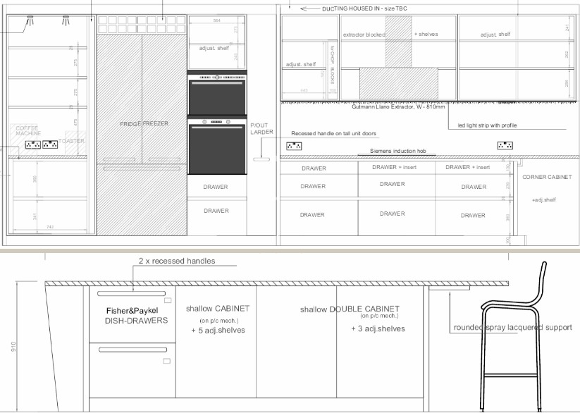 Elevation drawings for the tall units, showing the fridge freezer, ovens, and drawer configuration