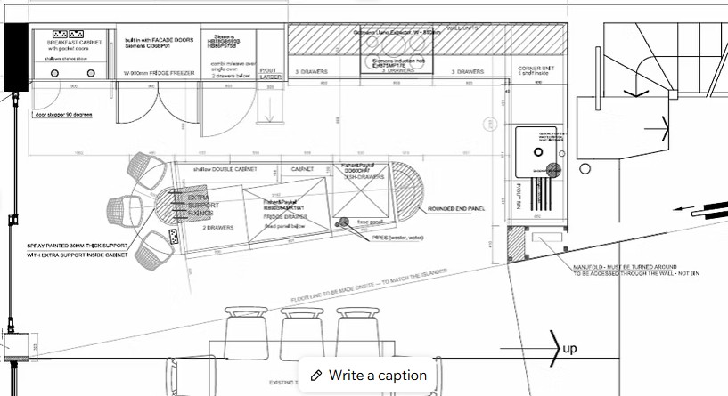 Design drawing of the curved kitchen island layout, with cabinet and drawer dimensions marked