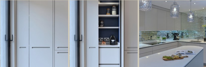 The breakfast cabinet's pocket doors closed, open to reveal shelving, and the kitchen island beyond