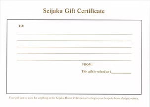 The SEIJAKU Gift Certificate card, with space for a personal message and gift value